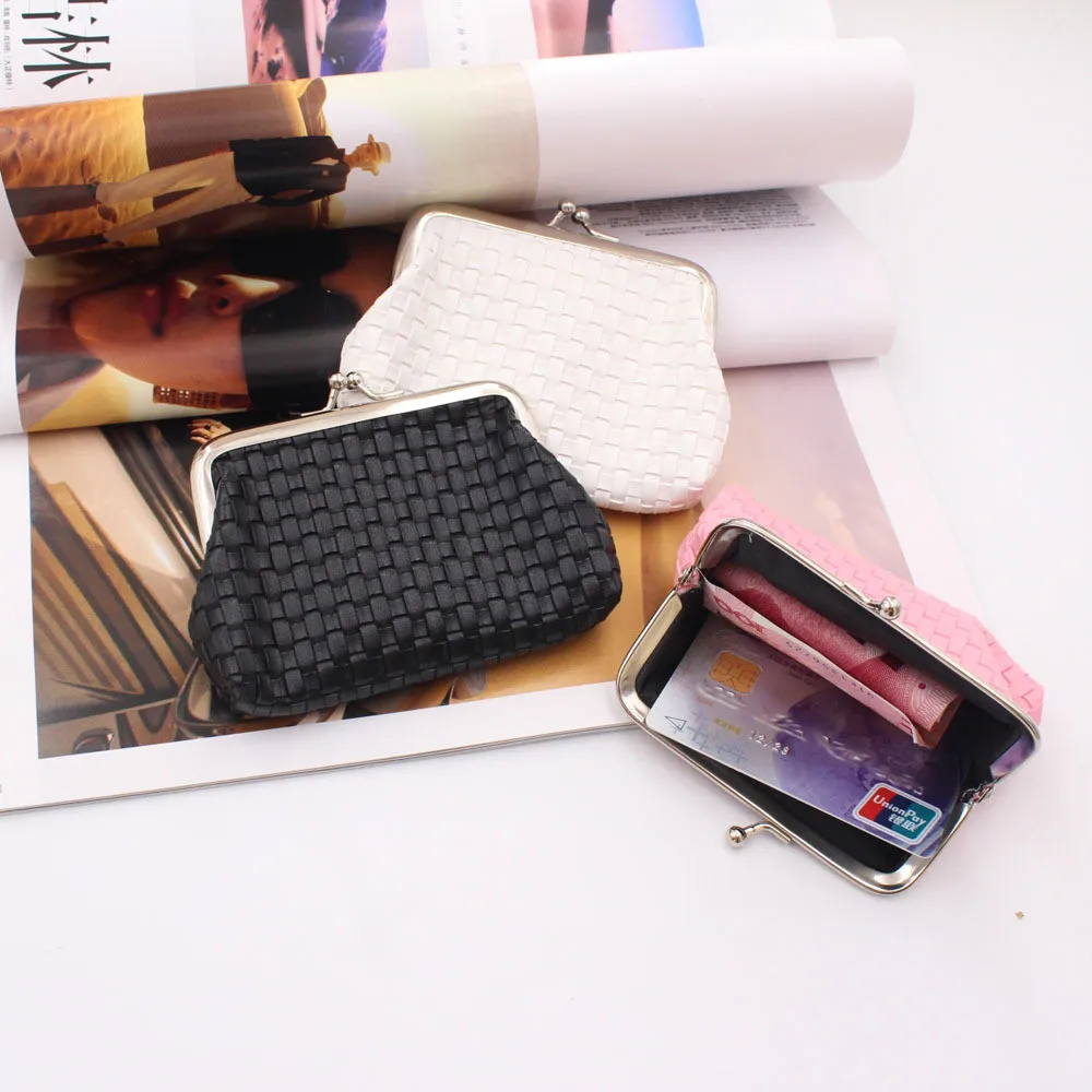 Dompet Wanita Terbuat dari Kulit Tenun Dompet Penyimpan Kartu Kecil Warna Murni Dompet Koin Portabel Tas Uang Clutch Saku Koin