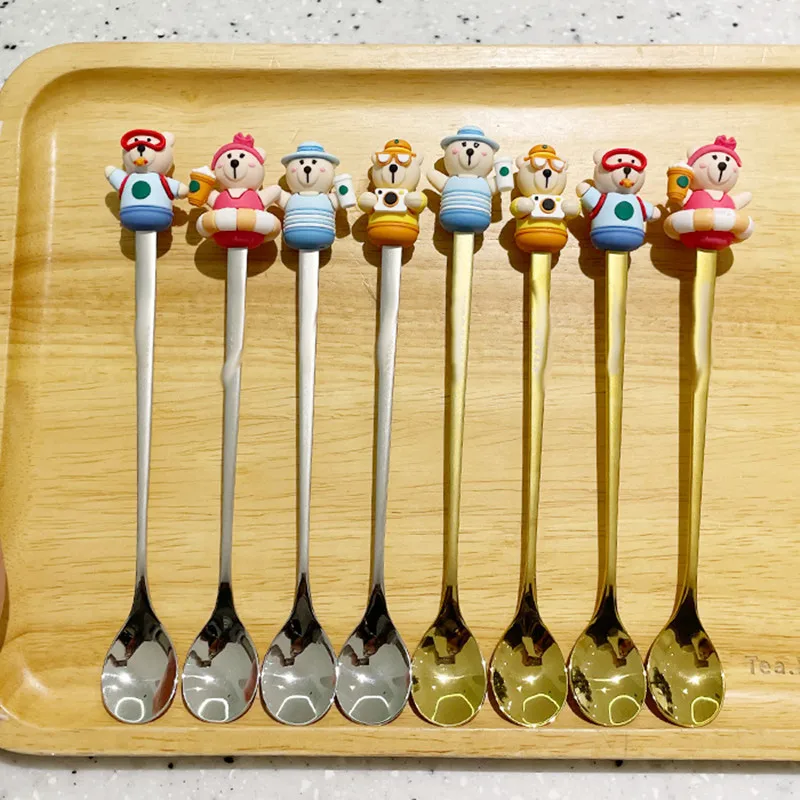 

Coffee spoon cute cartoon bear doll long handle stirring rod stainless steel exquisite dessert spoon with Logo