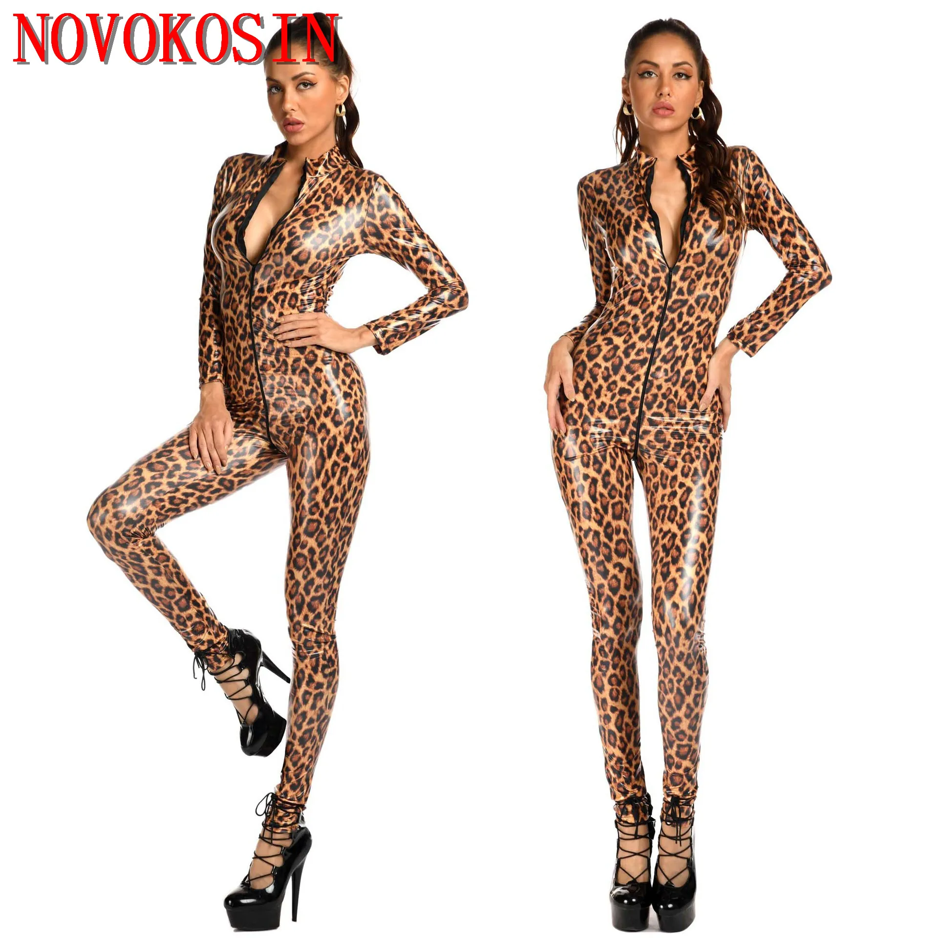 

M-XL Women Sexy Leopard Printed Bodysuit Front Zipper Crotch High Neck Club Wear Wet Look Faux Leather Tight Jumpsuit