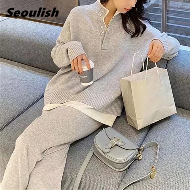 

Seoulish 2021 New Autumn Winter 2 Pieces Women's Sets Knitted Tracksuit Polo Sweater and Wide Leg Jogging Pants Pullover Suits