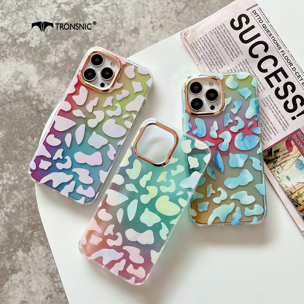 Funda de teléfono dorada chapada en láser para iPhone 13, 12, 11 Pro Max, silicona suave, fundas coloridas con puntos de tinta de vaca para iPhone X, Xs, Max, XR