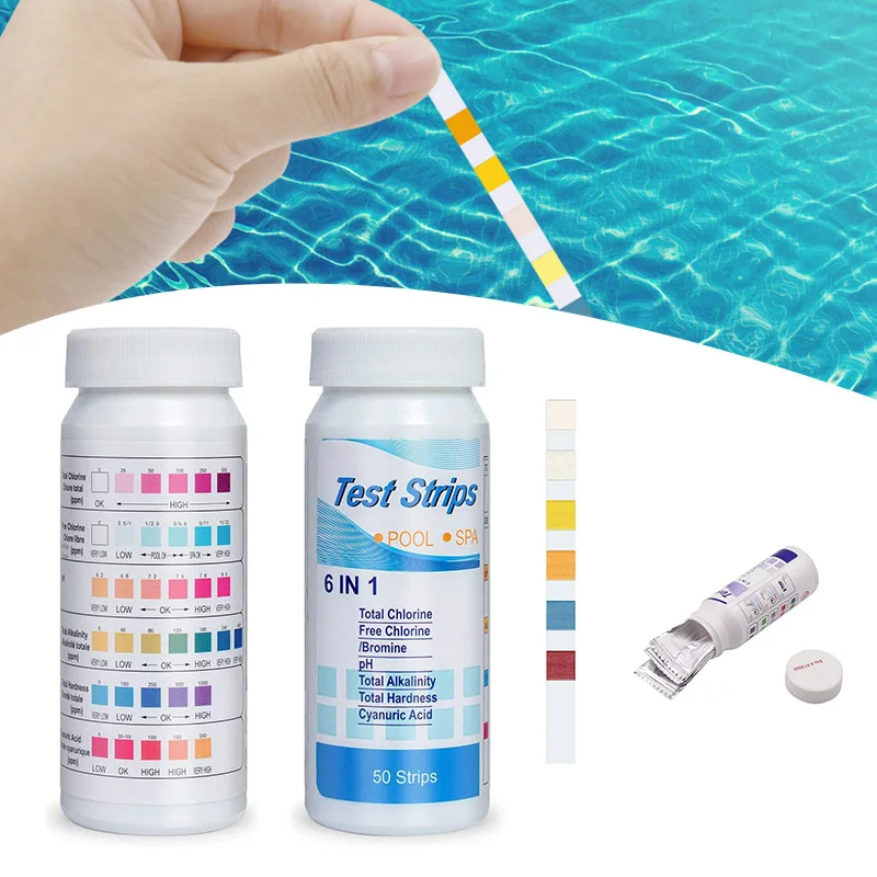 50 Pcs Water Quality 3/4/5/6-In-1 Swimming Pool Test Paper Residual Chlorine PH Value Alkalinity Hardness Test Strip A Bottle