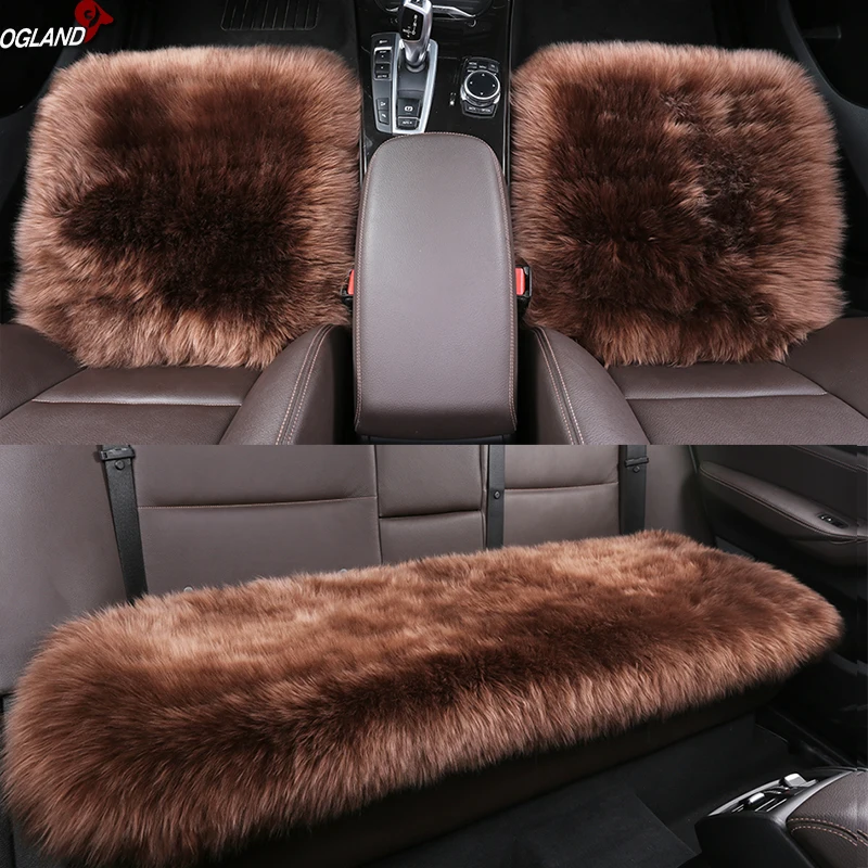 OGLAND Hotsale Long Wool Leather car seat cover set for adult Fur Cushion vehicle accesorios Para Auto Australian Sheepskin 3pcs