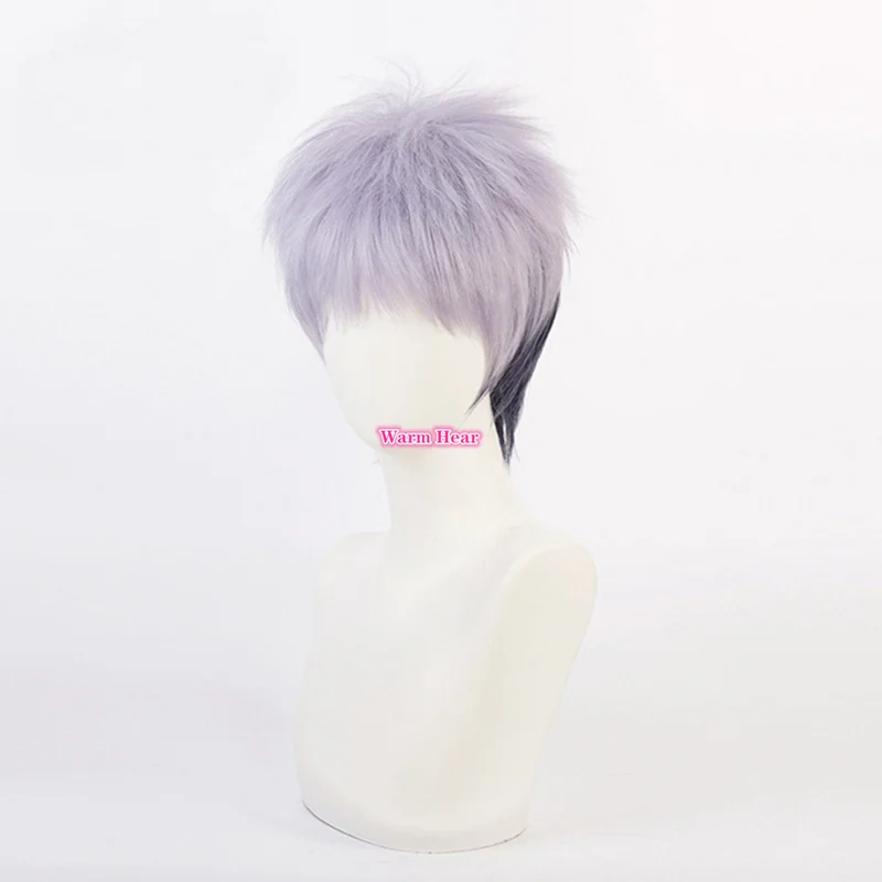 Anime Cos Cosplay Wig With Earrings Takashi Mitsuya Cosplay Short Gray Purple Ombre Wig Cosplay Hair Wig + a wig cap