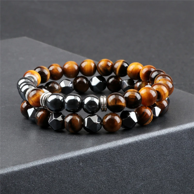 2pcs Irregular Hematite Lava Stone Bracelet Men Fashion 8mm Natural Tiger Eye Beads Couples Bracelets for Women Friends Jewelry