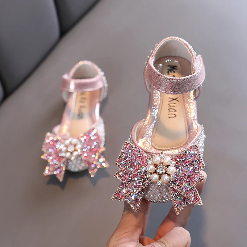 Kids Sandals Summer New Girls Princess Shoes Childrens Bow Rhinestones Dance Wedding Performance Shoes