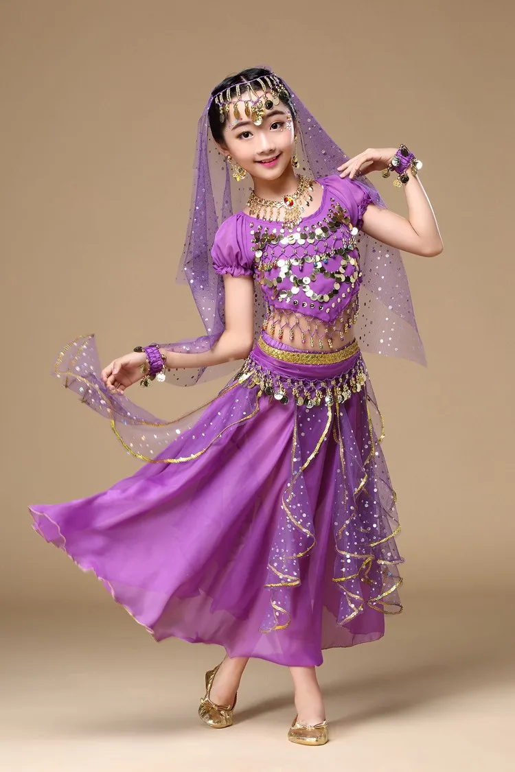 4pcs/Set Kid Belly Dance Costumes Set Oriental Dance Costumes Bellydance Set Girls Egyptian Bollywood Indian Kids Belly Dancing