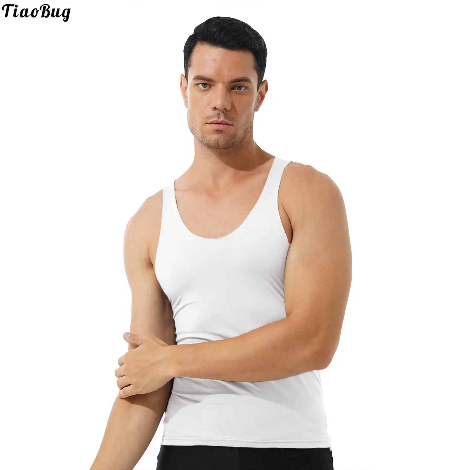 TiaoBug Men Round Neck Tank Top Sleeveless Slim Fit T-Shirt Thin Stretchy Undershirt Fitness Sport Running Gym Fitness Vest