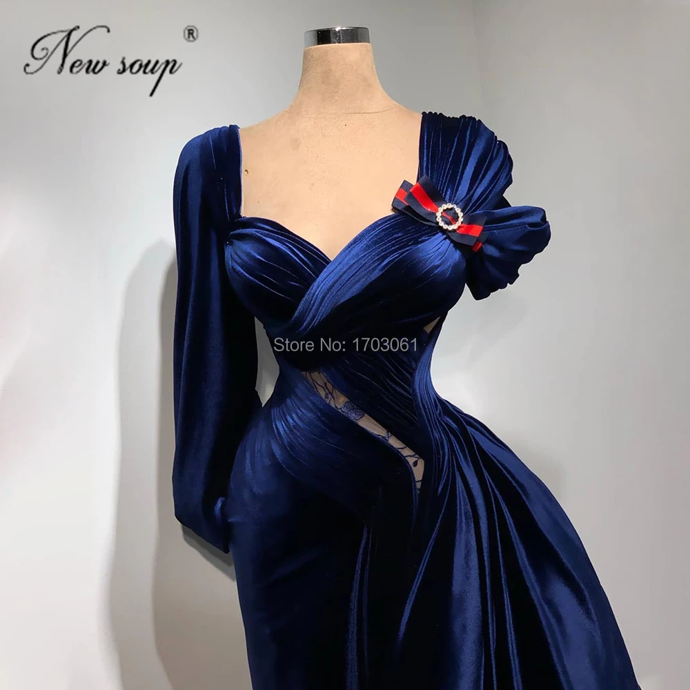 Royal Blue Satin Formele Celebrity Jurken Dubai Red Carpet Toga Prom Dresses 2021 Robe De Soiree Een Lange Mouwen Avond jurken