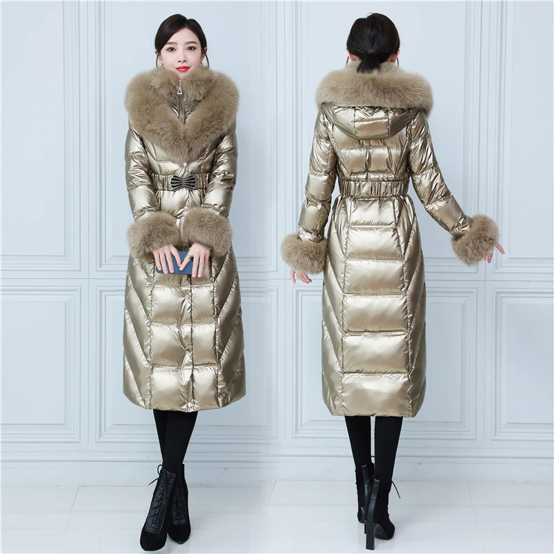 Русский теплый меховой пуховик Fit -30℃ cold Winter Thicker Glossy Duck Down Coats Female Large Real Fox Fur Hooded Parkas wy430