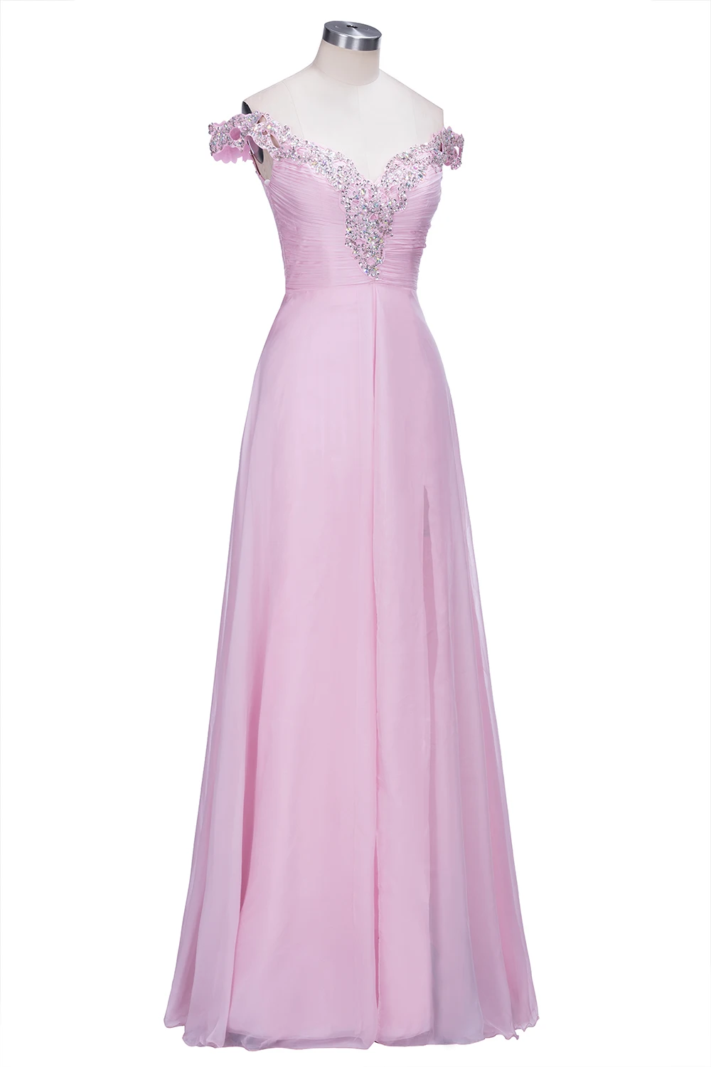 Robe de soirée longue rose en mousseline de soie, élégante, épaules dénudées, ligne A, perlée, tenue de soirée formelle