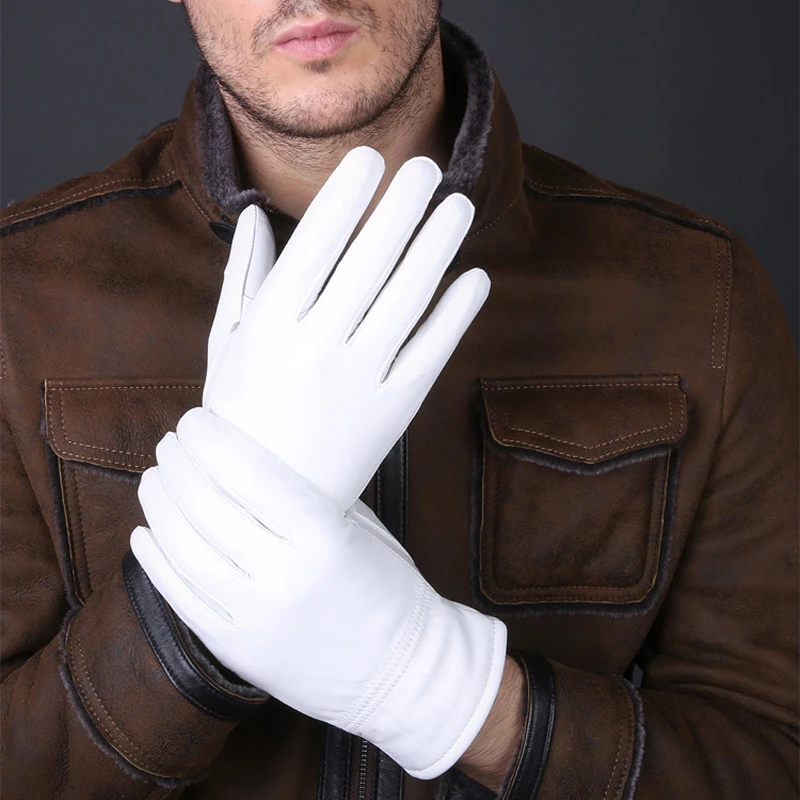 

Men's Fashion Genuine Leather Winter Warm White Ceremonial Sheepskin Short Gloves Police Mittens Full Finger sporting Gloves