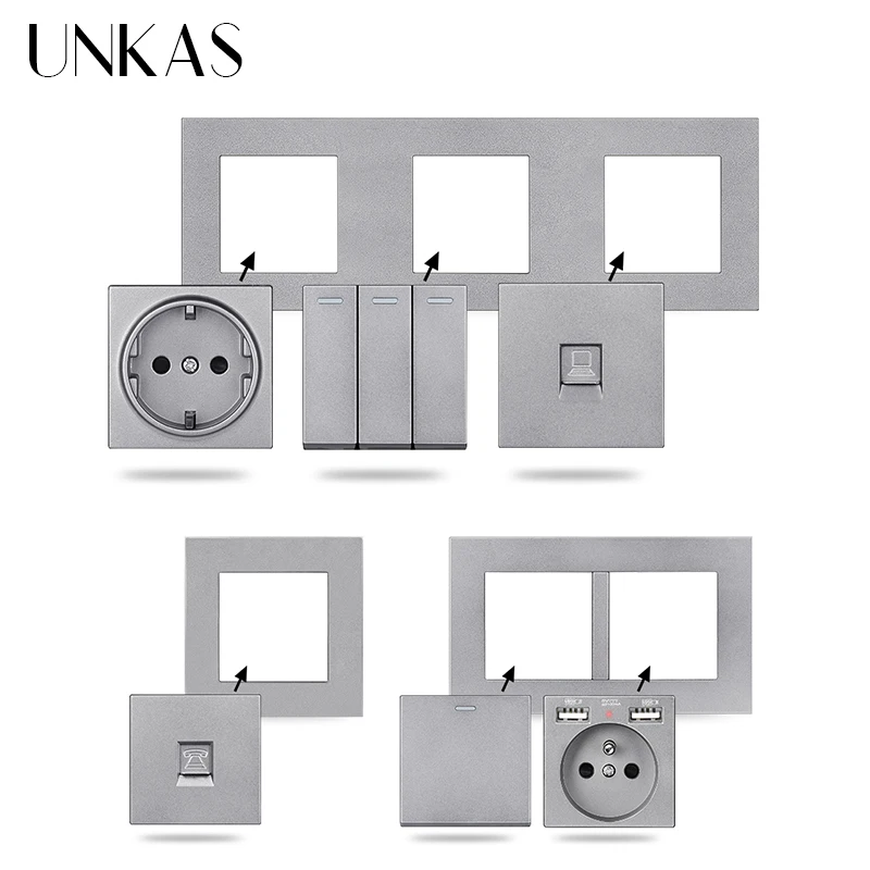 UNKAS Modules DIY Combination Free Matching French EU Socket USB Charger TV RJ12 Telephone RJ45 Computer Grey PC Plastic Panel