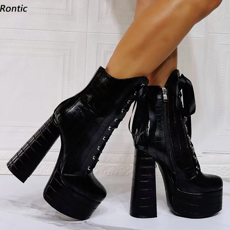 Rontic Handmade Women Platform Ankle Boots Stone Pattern Side Zipper Chunky Heels Round Toe Nice Black Unisex Shoes US Size 5-15