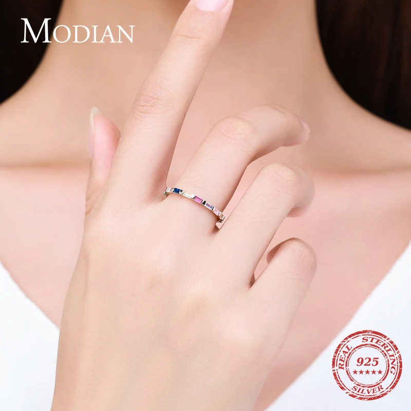 Modian 2021 Real 925 Sterling Silver Rainbow CZ Simple Fashion Finger Ring Stackable Enamel Rings For Women Brand Fine Jewelry