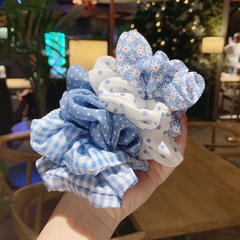 Stretchy Polka Dot Plaid Daisy Print Blue Series Scrunchies Hair Rope Women Hair Ties Ponytail Holder Elastic Hair Rubber Band