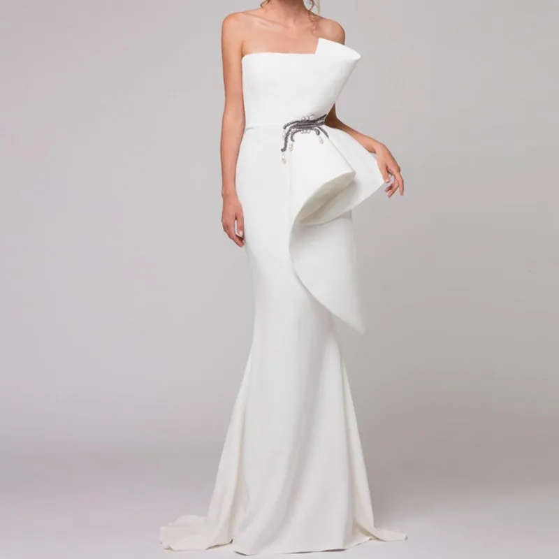 Vestido Formal elegante para mujer, traje de noche con volantes, cuentas y perlas, largo hasta el suelo, color blanco, 2023