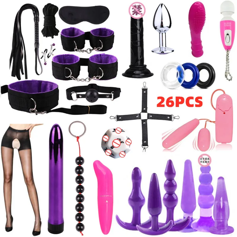 Women Fetish Mouth Gag Handcuffs Bondage Restraint Dildo Vibrator Anal Plug Nipple Clip Vibrator Adult Sex Toys Bdsm Set