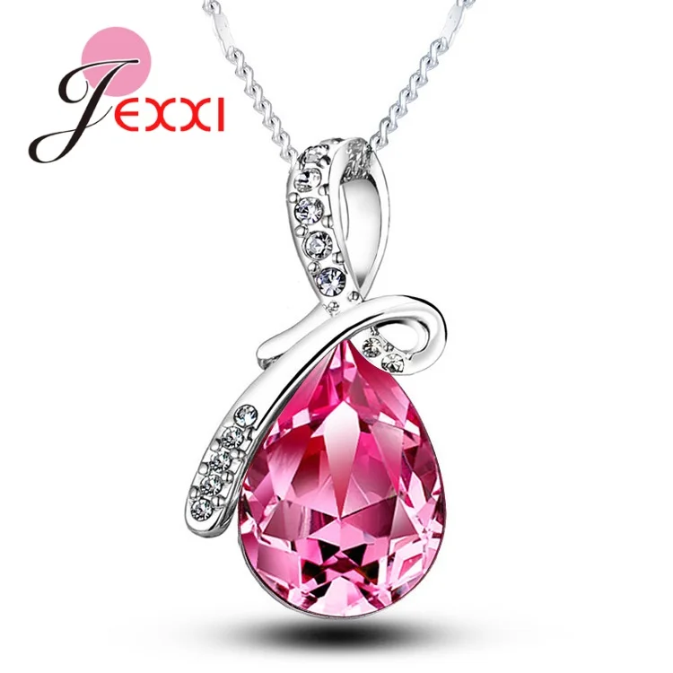 Rhinestones Austrian Crystal Water Drop Pendant Necklace 925 Sterling Silver Color Fashion Jewelry Beautiful Women Gifts