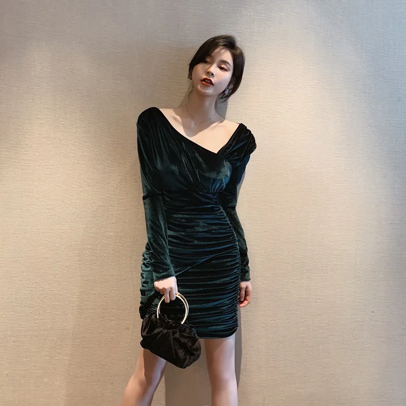 

Autumn Bandage Draped Dress High End Women Backless Bow Velvet Long Sleeve Bodycon Dress Vintage Sexy Party Dresses Vestidos