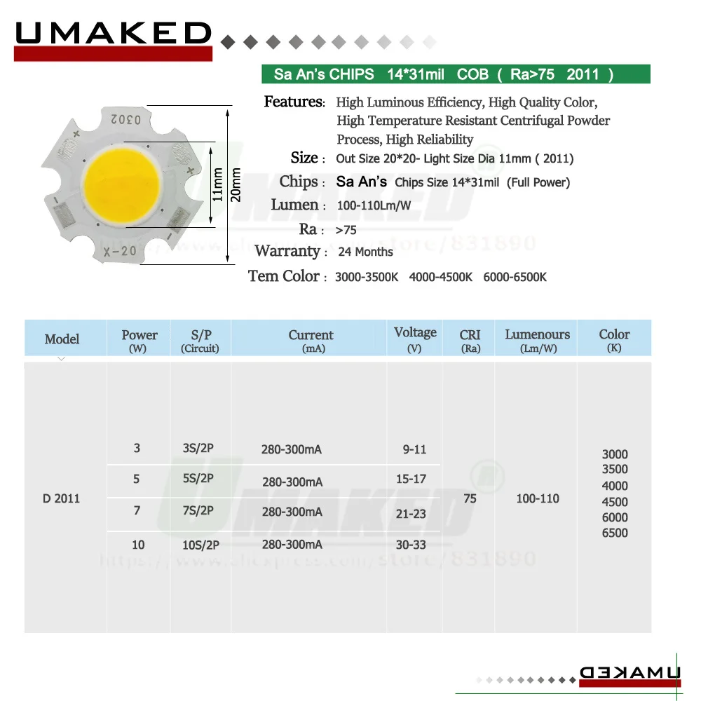 10pc LED COB 3W 5W 7W 12W 15W Ra75 110lm/w Constant Current 300mA 3000k-4000k-6000K 2011 2820 San An's Chip Light Bead Sources