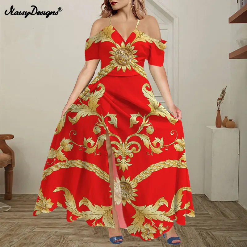 

Noisydesigns Women Off Shoulder Maxi Boho Split Long Dress Ruffles Party Vestido Red Bluer Golden Floral Largo Verano Mujer