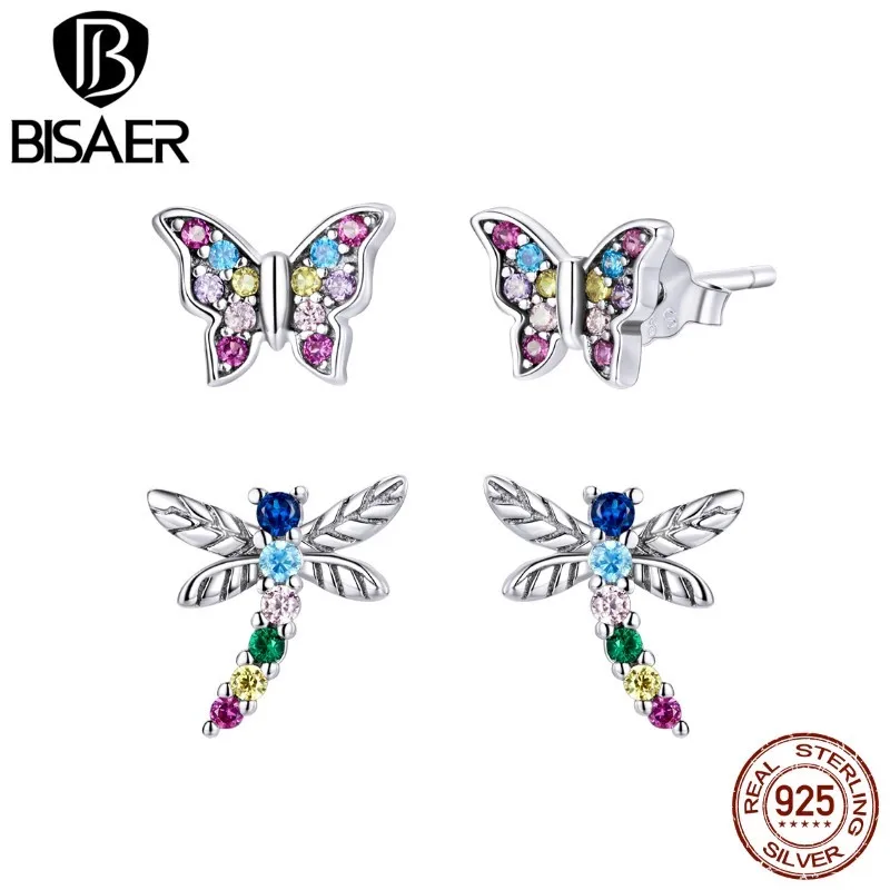 BISAER 925 Sterling Silver New Fashion Korean Earrings For Women Dragonfly Butterfly Stud Earring For Women 2021 Jewelry EFE514