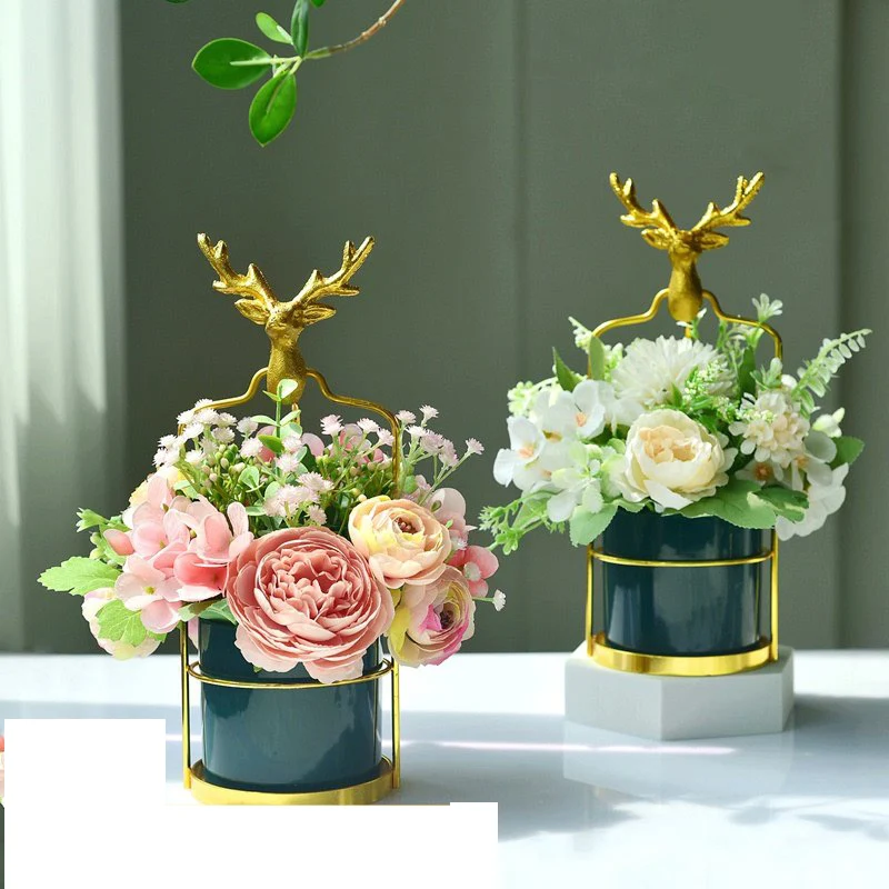 

Modern Elk Metal Frame Ceramic Vase+Fake Flowers Home Livingroom Desk Flower Figurines Decoration Cafe Table Accessories Crafts