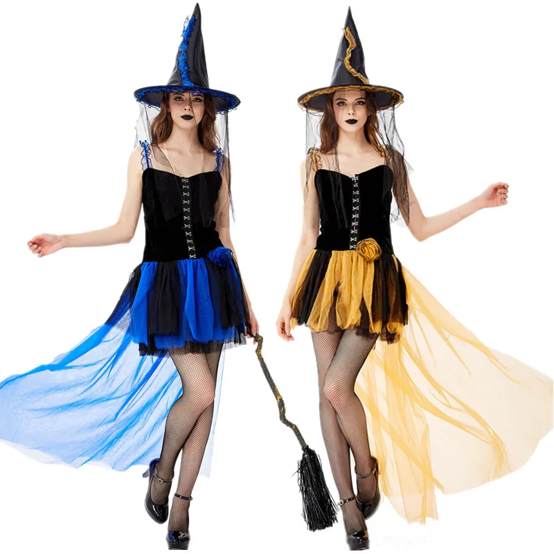 Disfraz de bruja azul/naranja para adultos, Cosplay de Halloween, juego de bruja, club nocturno, DS, disfraz de Mascarada