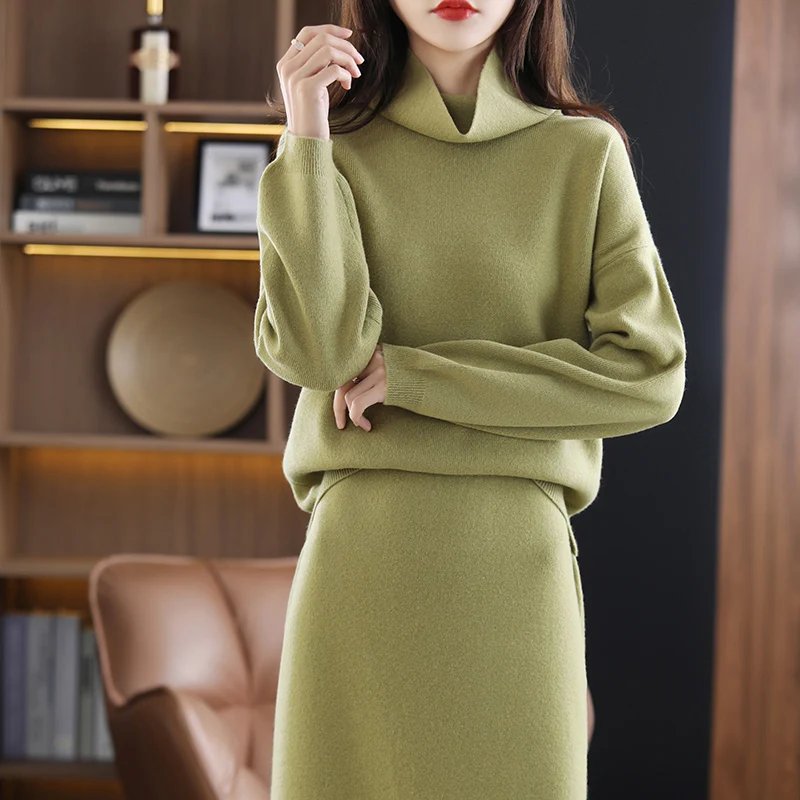 New 100%Pure Wool Cashmere Sweater Women High-Neck Large Size Top Knit High-Waist Long Skirt Two-Piece Suit Bag Hip Thick Dress