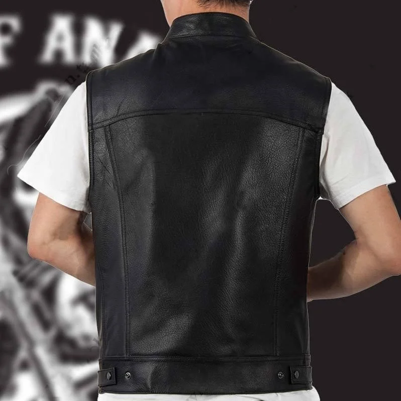 Fashion Vest Black Motorcycle Hip Hop Waistcoat Male Faux Leather Punk Solid Black Spring Sleeveless Leather Vest