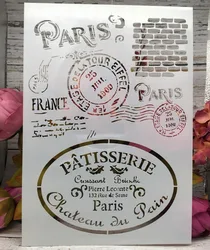 A4 Paris Post Stamp DIY Layering Stencils Wall Painting Scrapbook Coloring Embossing Album Decorative Paper Card Template