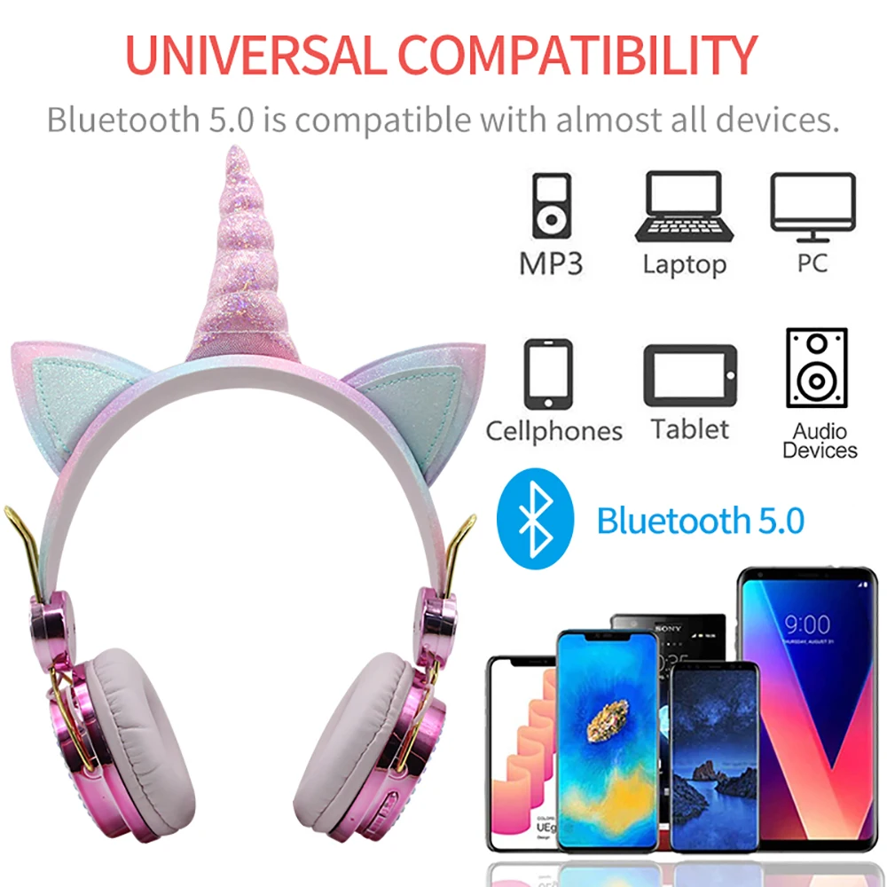 Wireless Bluetooth Headset Glow Lights Unicorn Headphones for Children Music Stereo with MIC Kids Girls Christmas Gifts Helmets