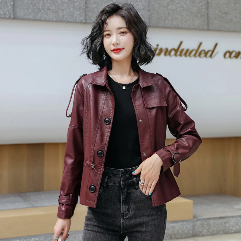 M-5XL Women Leather Jacket Spring Autumn Winter 2024 Fashion Turn Down Collar Drawstring Loose Sheepskin Coat Outerwear Female