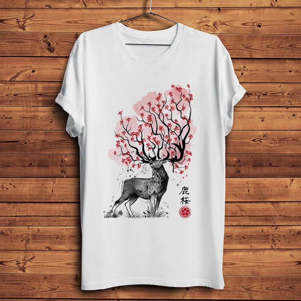 watercolor Sakura Deer tree funny t shirt Men White Short Sleeve Casual Tshirt Unisex Streetwear breathable Tee