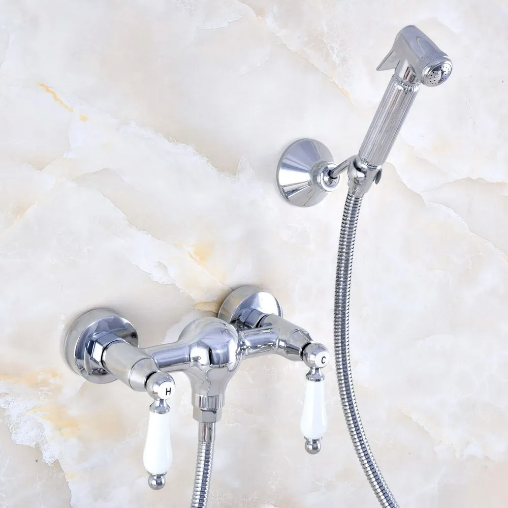 

Wall Mounted Polished Chrome Bathroom Basin Mixer Tap Crane With Hand Shower Head Toilet Bidet Faucet Sets zbf078