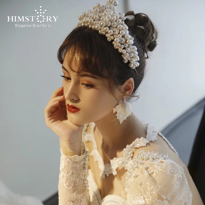 HIMSTORY-corona de pelo de perlas Europea hecha a mano, tocado de novia de boda, vestido de noche de fiesta, accesorios para el cabello