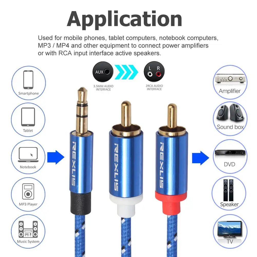 Audio Cable 0.5/1/1.8/3/5/10m RCA Audio Cable 2RCA Male to 3.5mm Jack to 2 RCA AUX Cable Cotton Braided Splitter for Home MP3