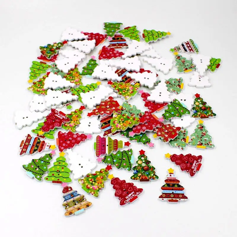 50pcs/pack Christmas tree buttons 2Holes 25m x 35mm Decorativ Scrapbooking Sewing Scrapbook accessories Wooden Buttons