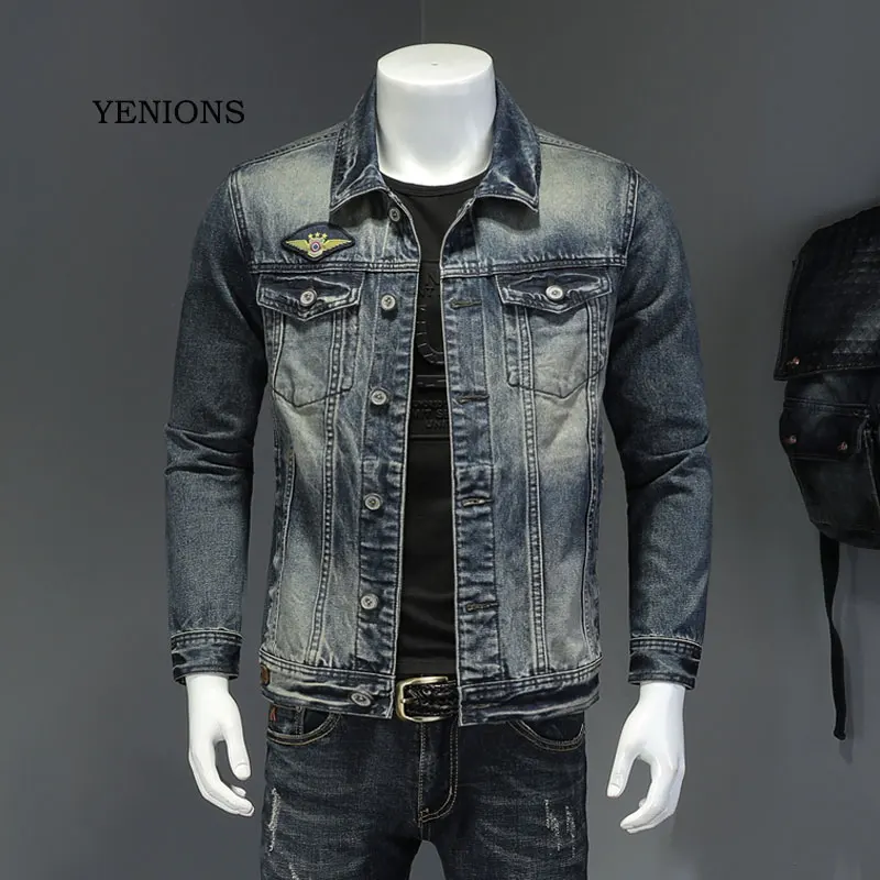 Jaqueta jeans masculina retrô de algodão, roupa fina de manga longa com emblema, casaco jeans bomber para motocicleta masculina de marca