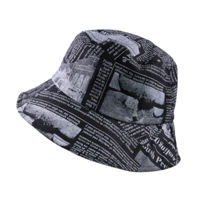 Winfox  Black White Letter Newspaper Print Bucket Hat Fashion Fisherman Cap Men Women Gorros Fishing Hats