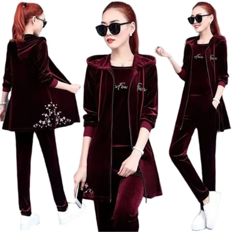 Gold velvet sports suit women spring and autumn new fashion casual wear ladies mid-length sweater three-piece suitA788