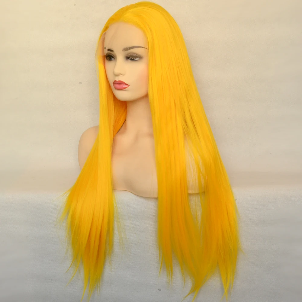 Wig Depan Renda T Sintetis Kuning Voguequeen Cosplay Garis Rambut Alami Serat Tahan Panas Lurus Sutra untuk Wanita