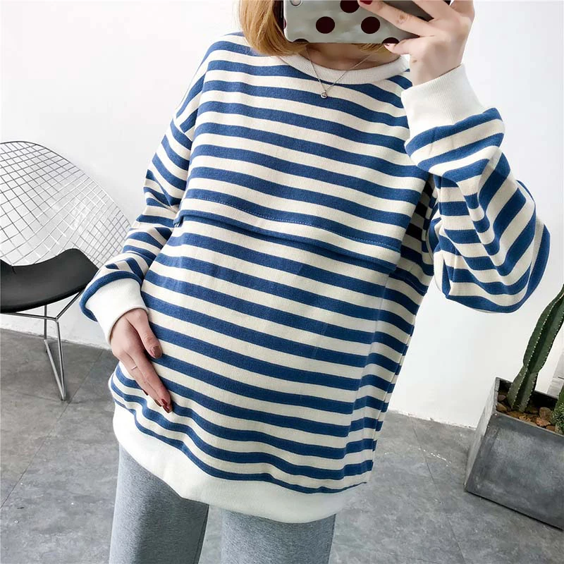 Striped Mothers Maternitty Clothing Loose Oversized Sweatshirt Pullover Breastfeeding Clothes Autumn Cotton Jacket For Nursing