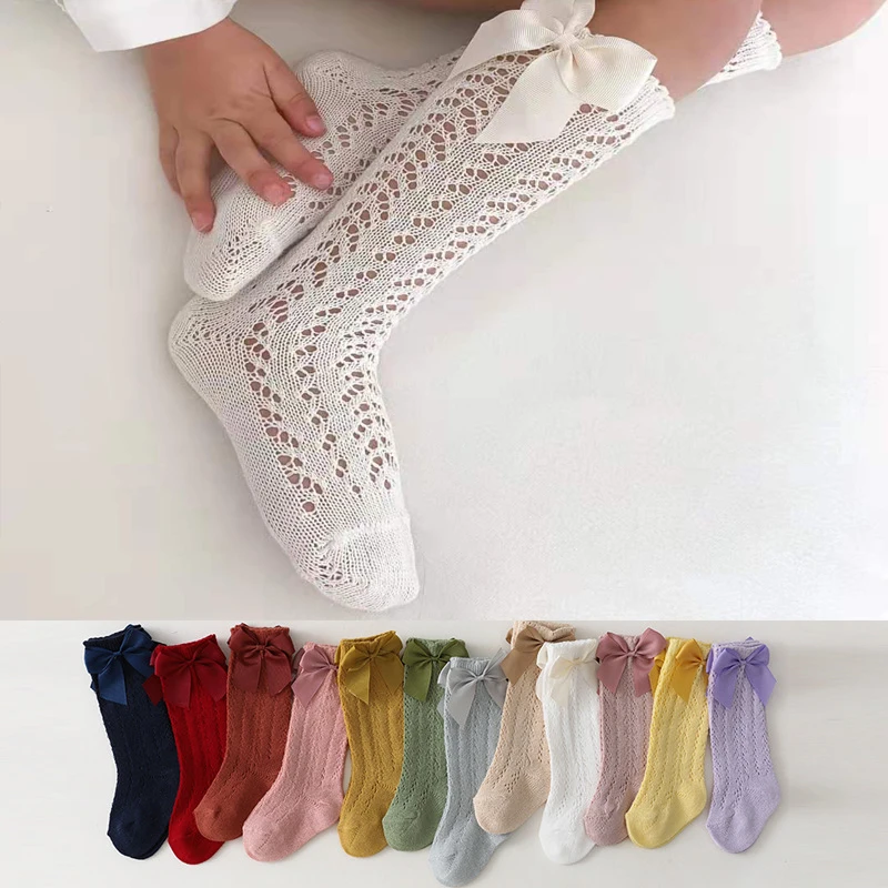 Summer Baby Girls Socks With Bow Kids Long Sock Knee High Cotton Hollow Out Toddlers Mesh Children Princess Socken For 0-7 Years