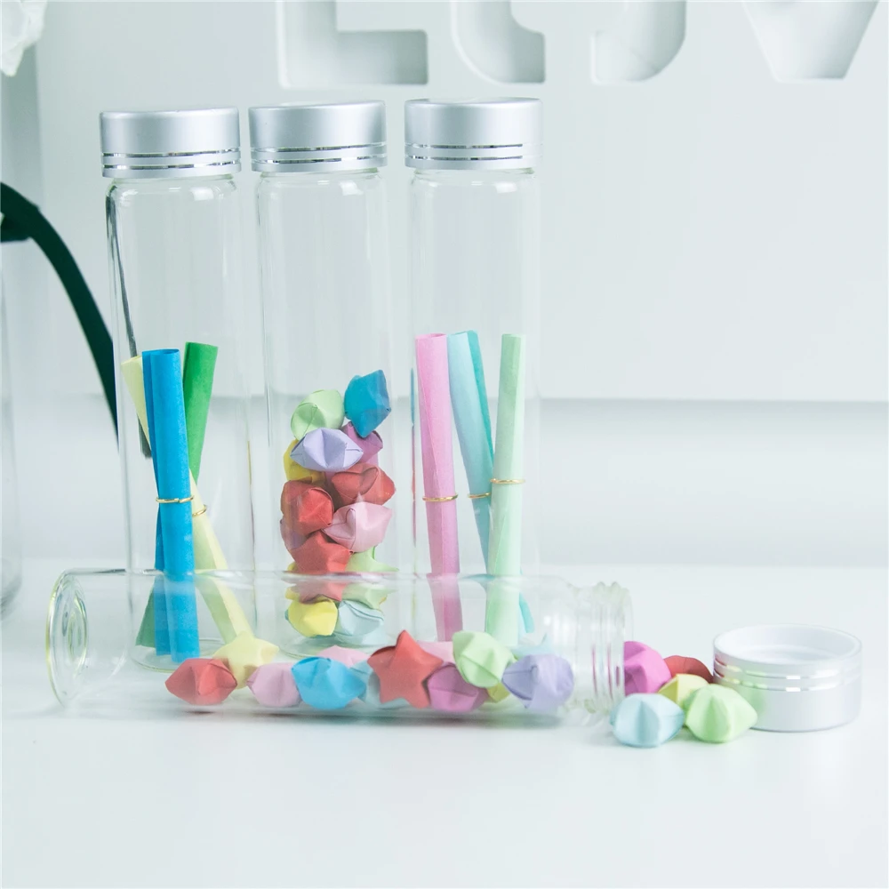 50Pcs 60ml Hyaline Small Glass Bottles Screw Plastic Cap with Silver Tangent Reusable Refillable Craft Vials Candy Pot