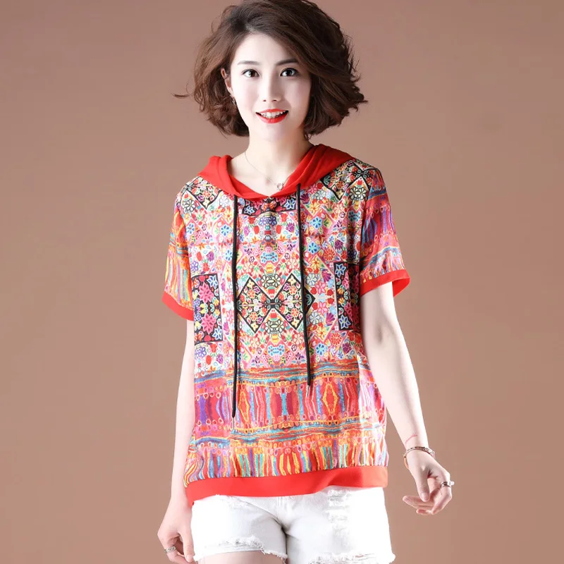 

2021 New Plus Size Summer Print Patchwork Chiffon Blouse Tops Loose Casuale Hooded Fashion Short Sleeve Tops Women Shirts LJ3274