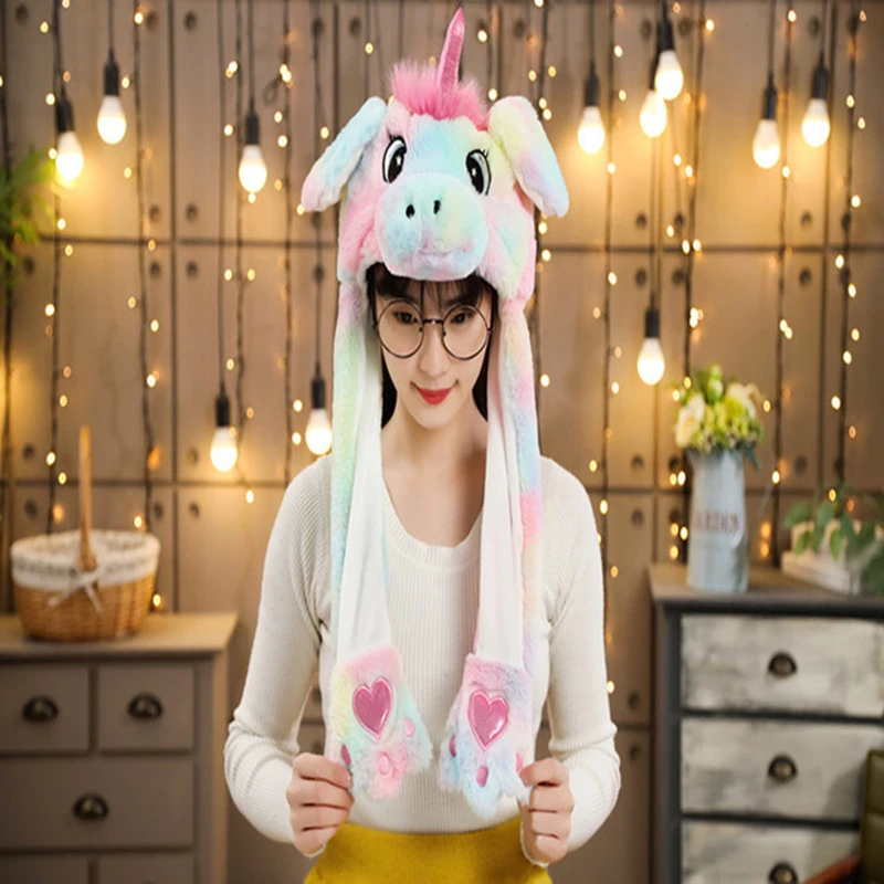 Cappello con orecchie di animale unicorno Orecchie da coniglio in peluche Giocattoli da salto in movimento Vestire Divertente festa cosplay per bambini Regalo di Natale per adulti