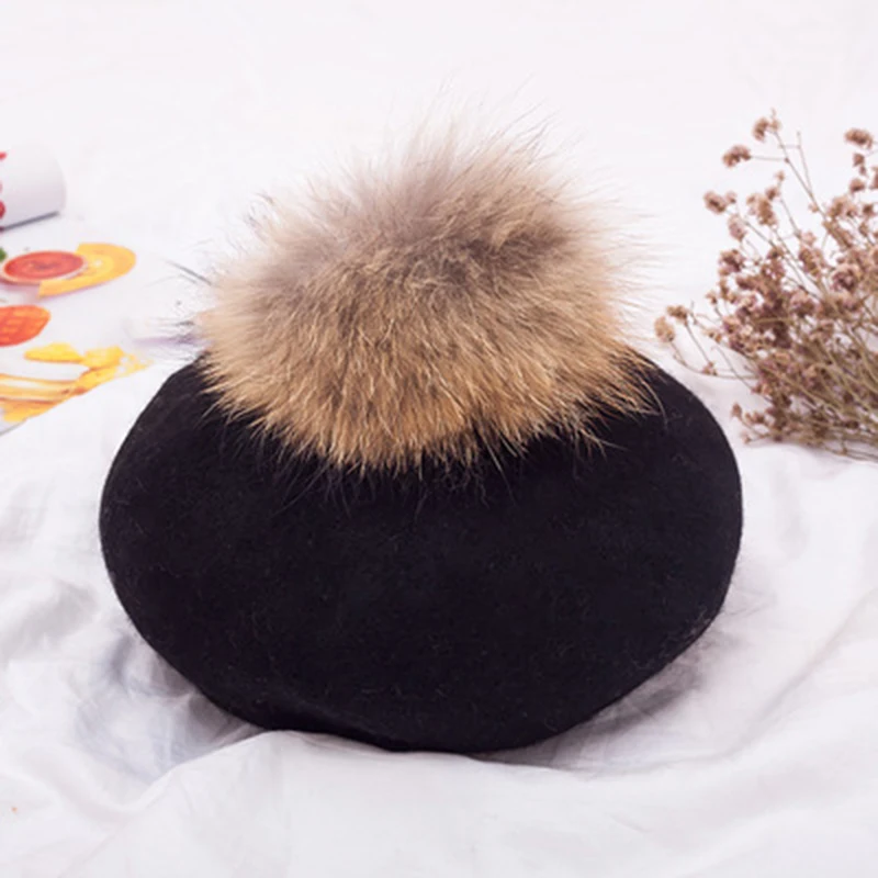 VISROVER New Unisex 100% Wool Winter Beret Solid fur Pompom Autumn Hat Winter Cap Spring Punk Beret Hat Real Fur Beret Wholesale