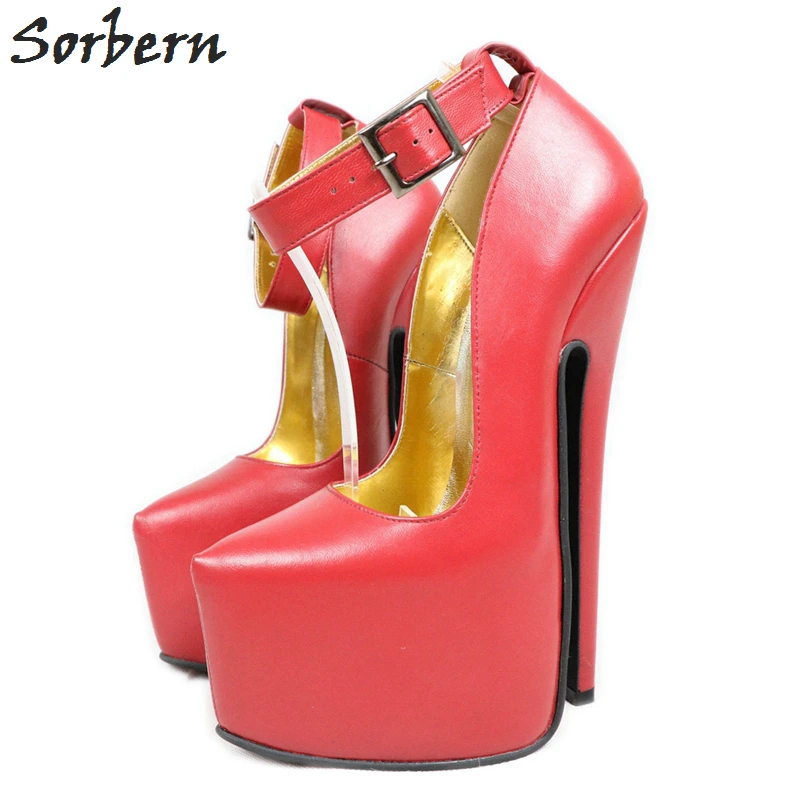 Sorbern Genuine Leather Matt Ankle Strap Women Pumps 20Cm Extreme High Heels Steel Thin Heel Shoes Ladies Platform Heels Plus